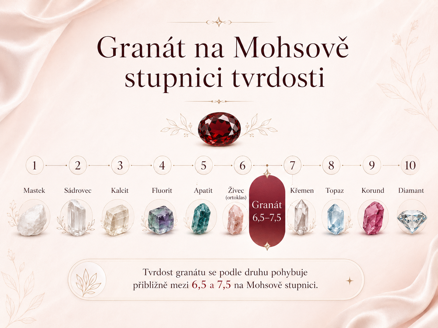 Granát na Mohsově stupnici tvrdosti s vyznačením rozmezí 6,5 až 7,5