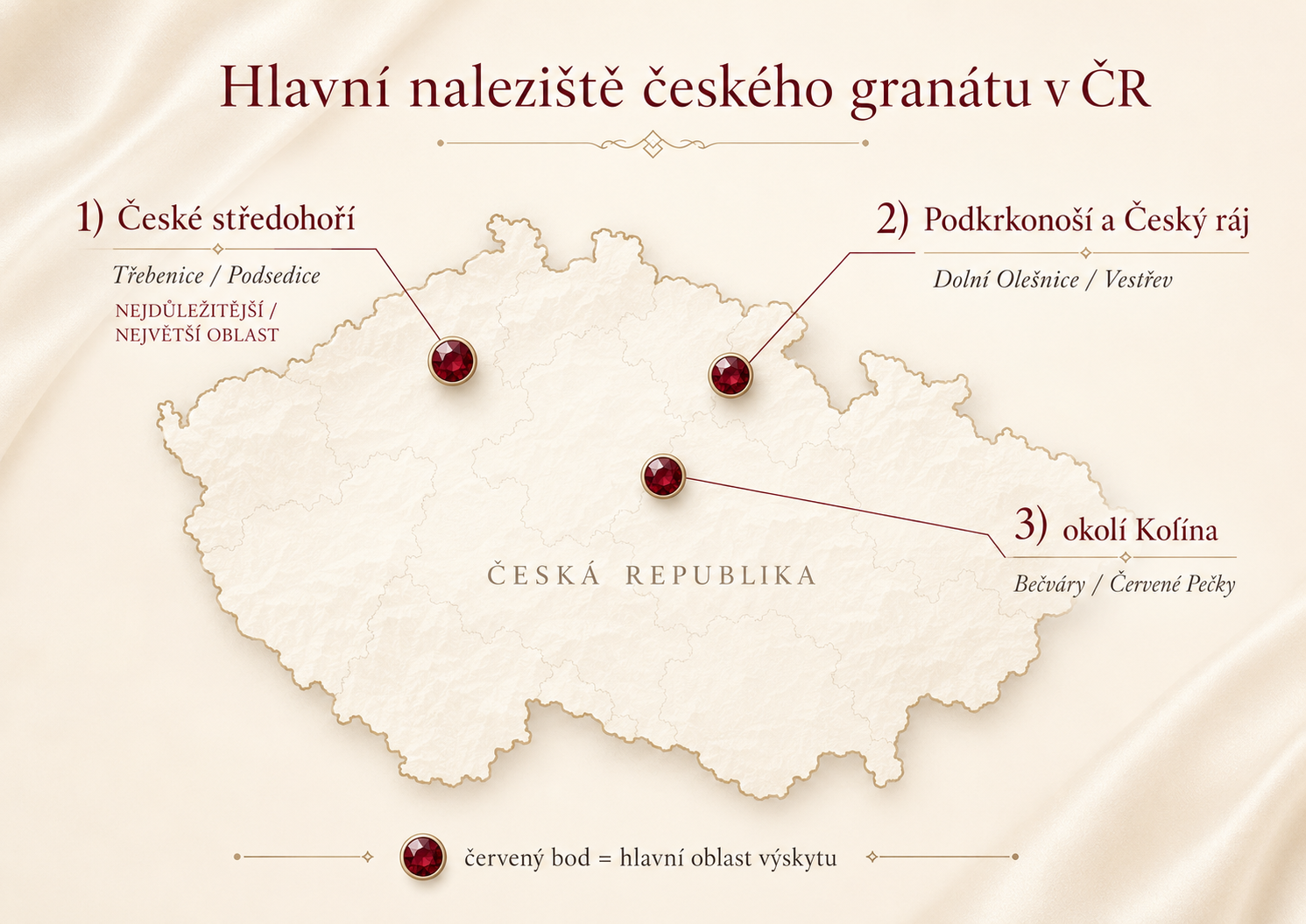 Mapa hlavních nalezišť českého granátu v České republice