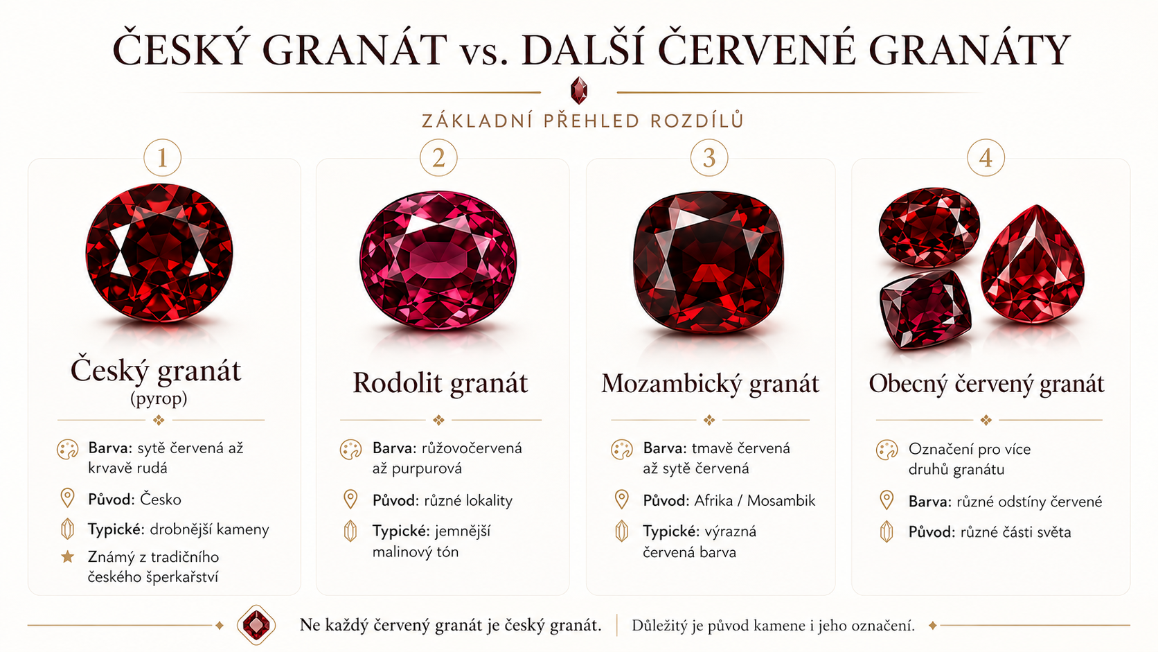 Srovnání českého granátu, rodolitu, mozambického granátu a dalších červených granátů