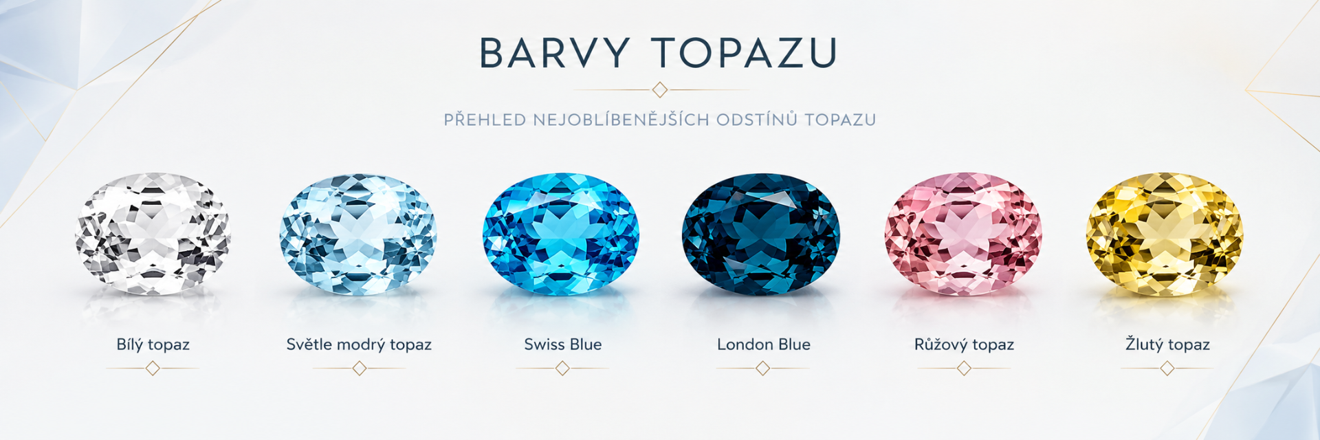 Barvy topazu – bílý topaz, světle modrý topaz, Swiss Blue, London Blue, růžový topaz a žlutý topaz