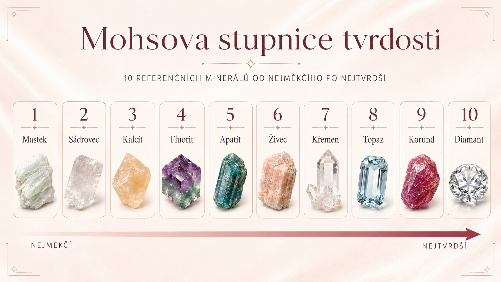 Mohsova stupnice tvrdosti s přehledem 10 referenčních minerálů od mastku po diamant