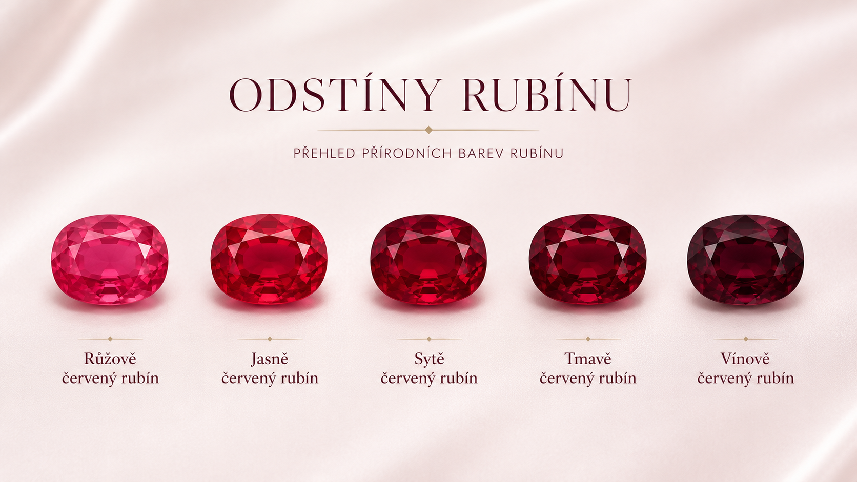 Přehled barev rubínu a jejich odstínů – přírodní rubíny od světlejší růžovočervené po sytě červenou