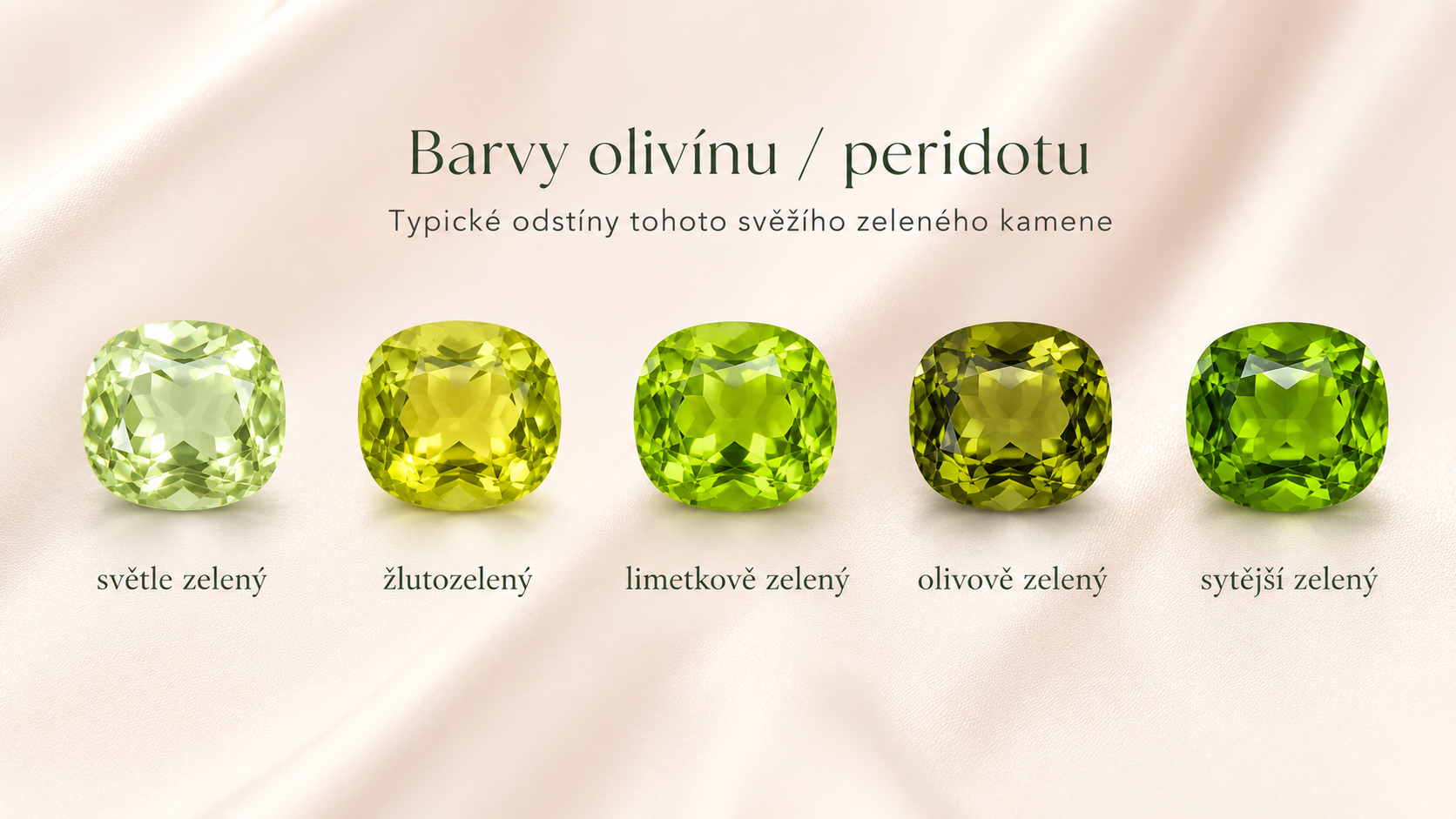 Barvy olivínu a peridotu – přehled odstínů od žlutozelené po sytě zelenou