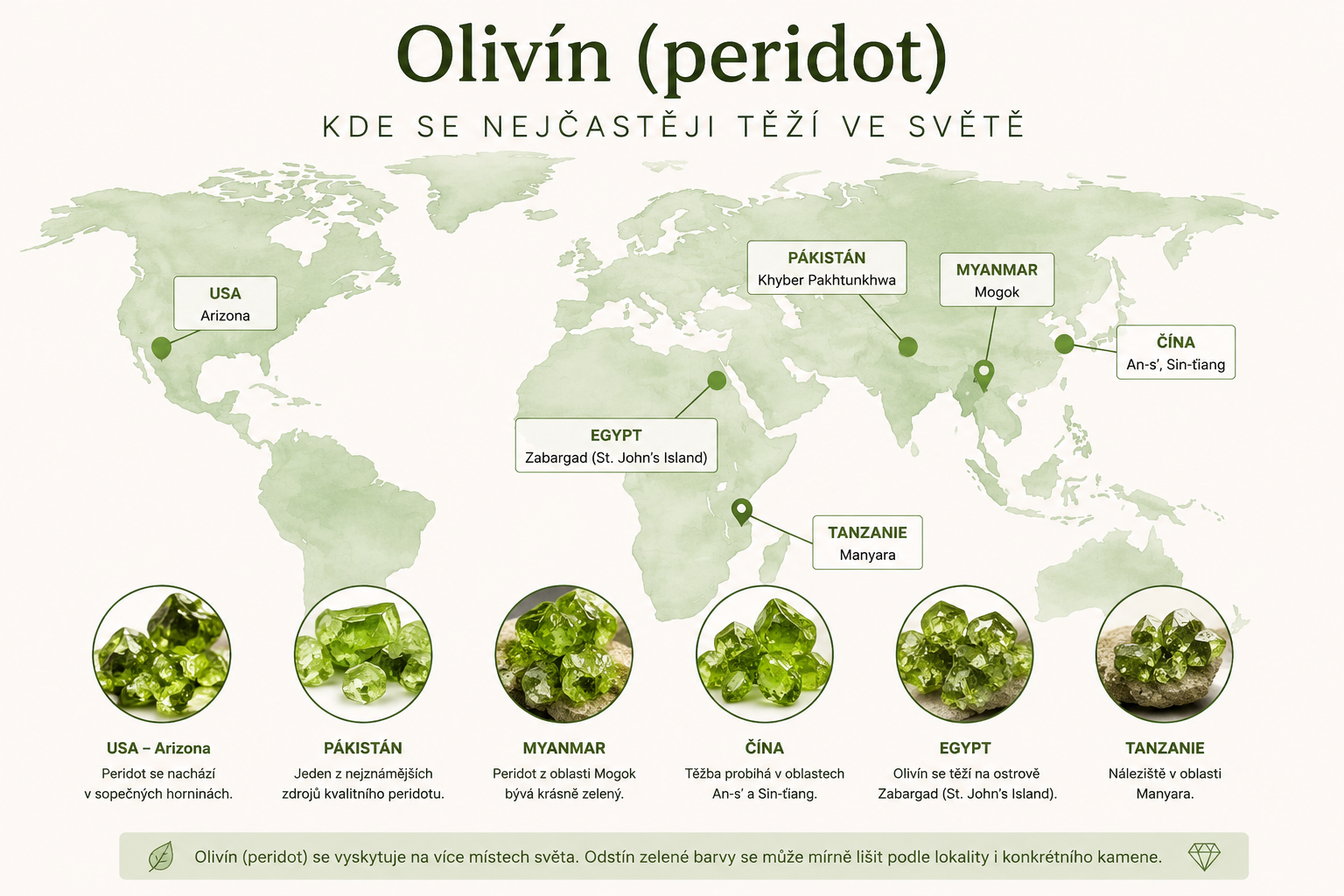 Mapa světa s vyznačenými hlavními nalezišti olivínu a peridotu