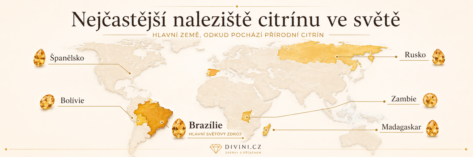 Mapa světa s vyznačením nejčastějších nalezišť citrínu – Brazílie, Madagaskar, Rusko, Zambie, Uruguay a Bolívie