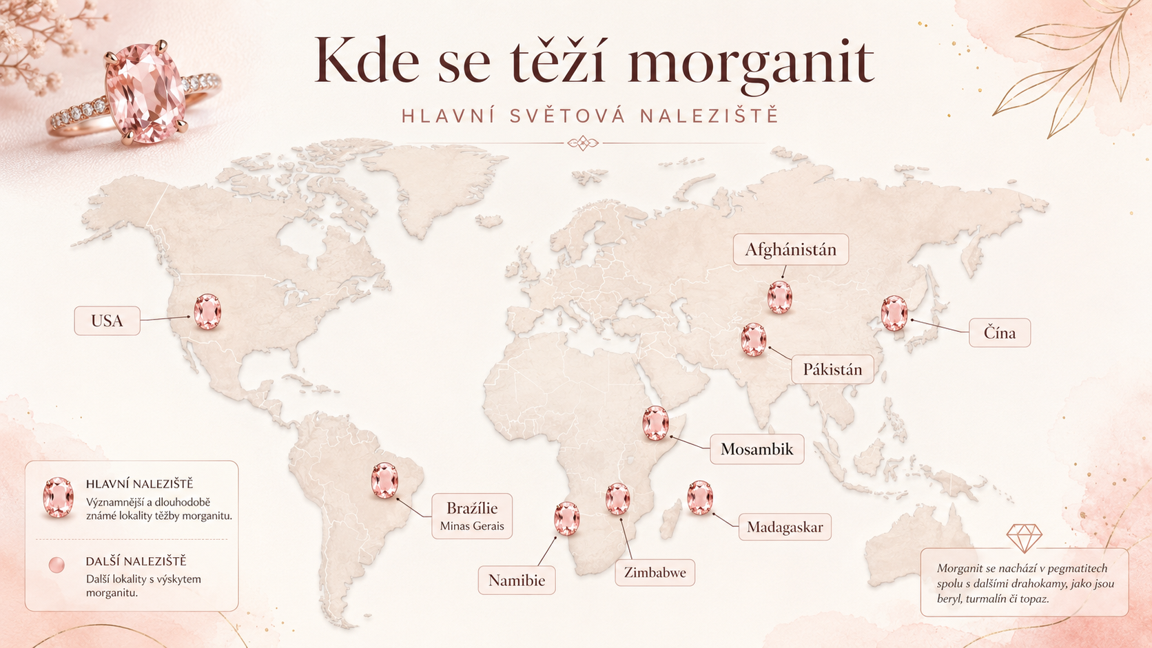Mapa světa s vyznačenými hlavními nalezišti morganitu