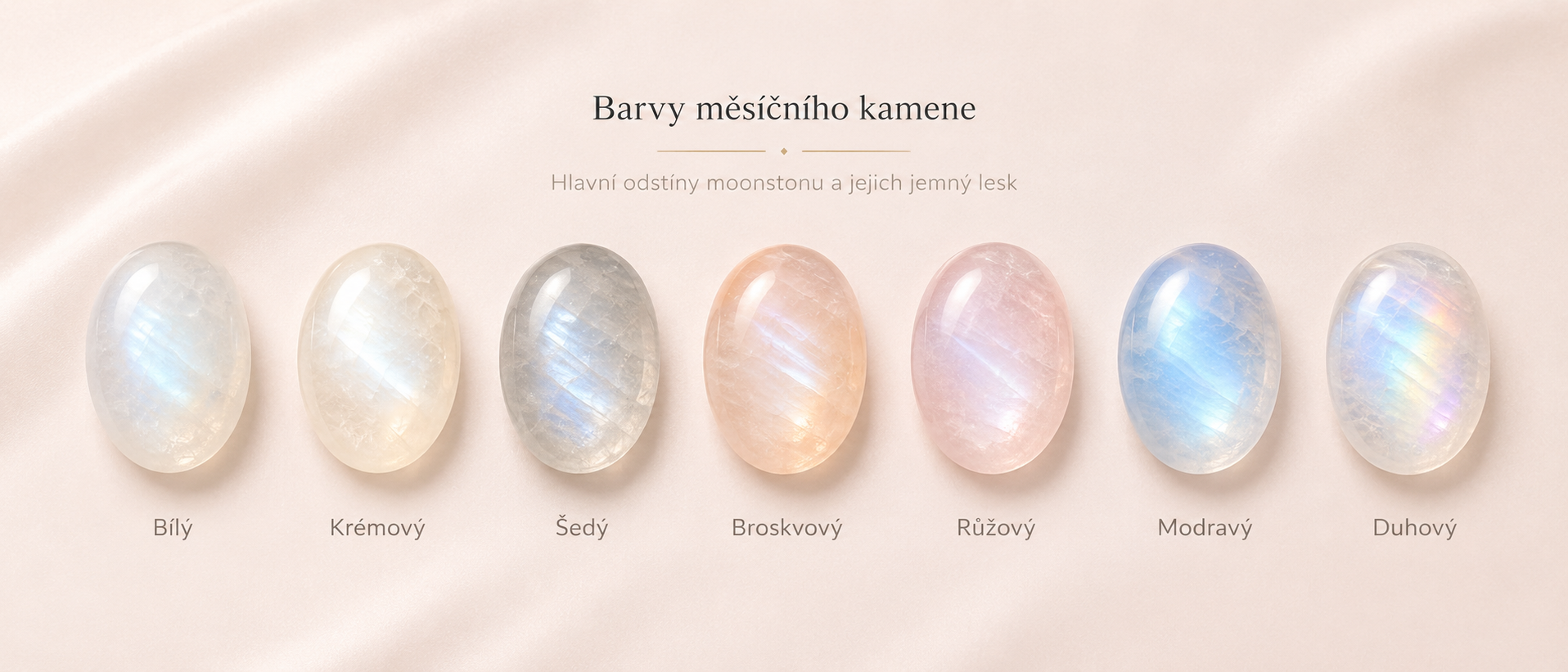 Barvy měsíčního kamene moonstone – přehled odstínů od bílé a krémové po šedou, broskvovou a duhově modravou