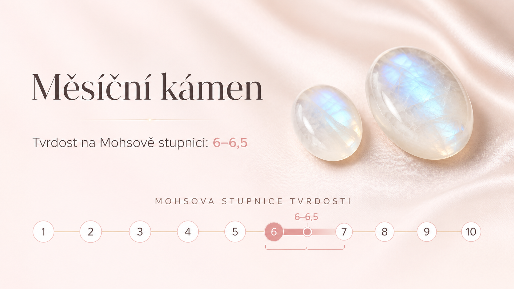 Měsíční kámen moonstone na Mohsově stupnici tvrdosti s rozsahem tvrdosti 6 až 6,5