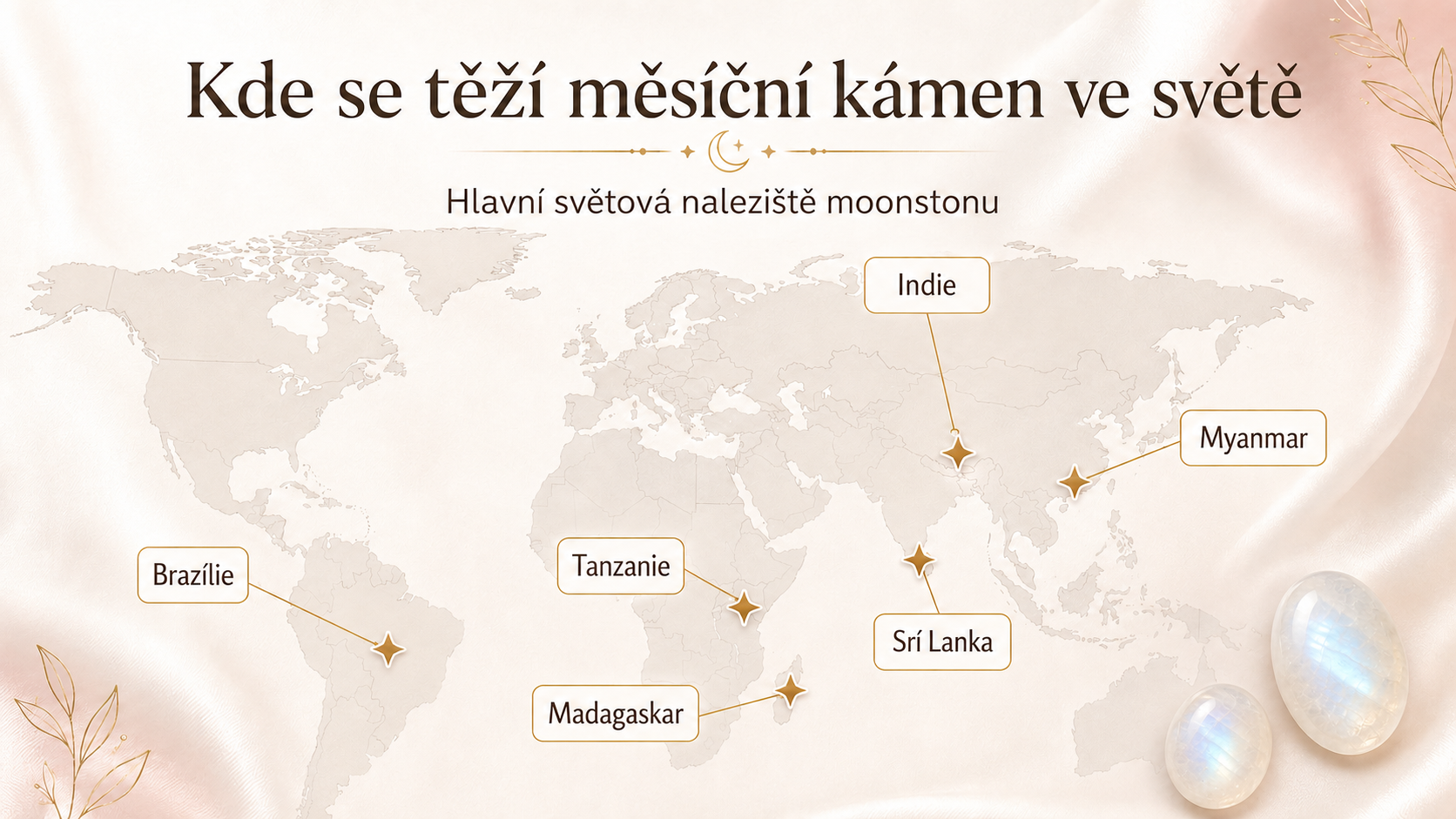 Mapa světa s vyznačením hlavních nalezišť měsíčního kamene (moonstone)