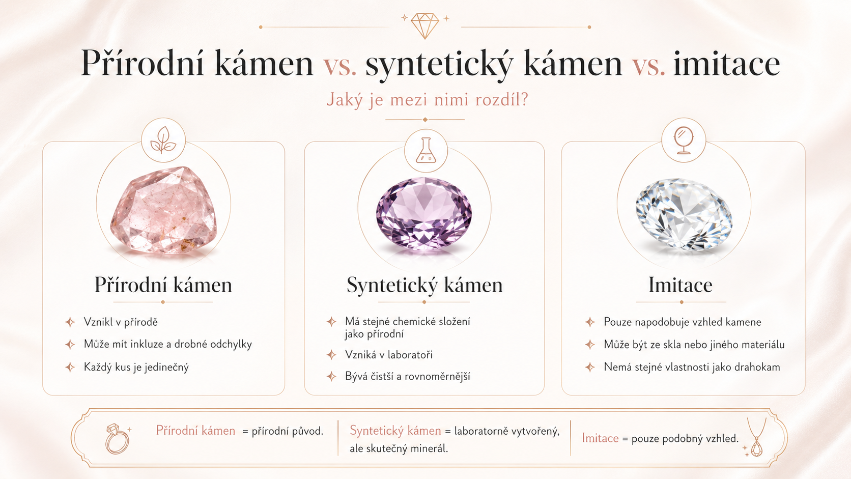 Srovnání přírodního kamene, syntetického kamene a imitace v přehledné infografice