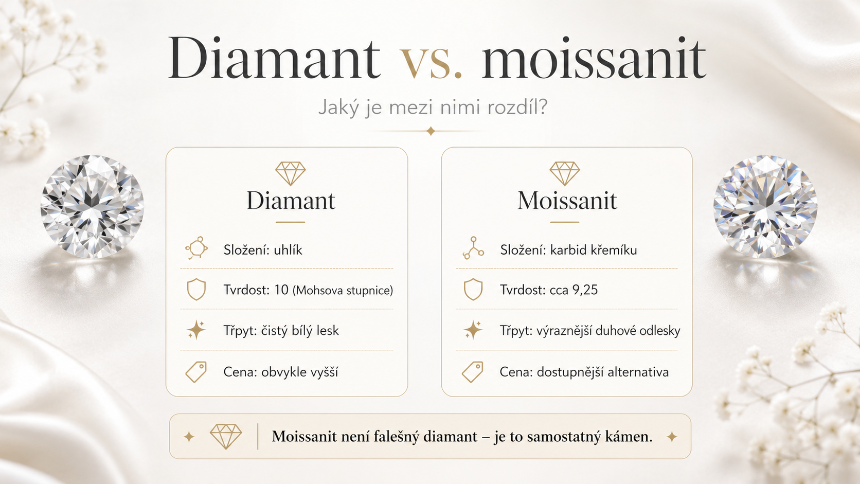 Infografika s porovnáním diamantu a moissanitu – složení, tvrdost, třpyt a cena