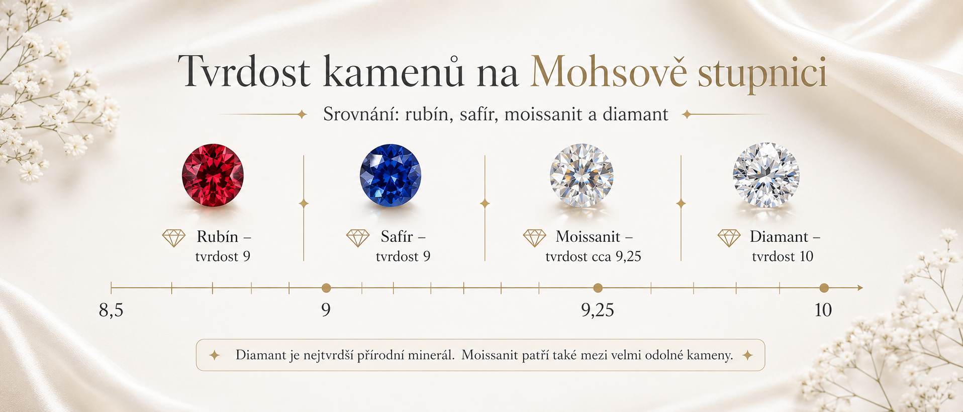 Porovnání tvrdosti rubínu, safíru, moissanitu a diamantu na Mohsově stupnici