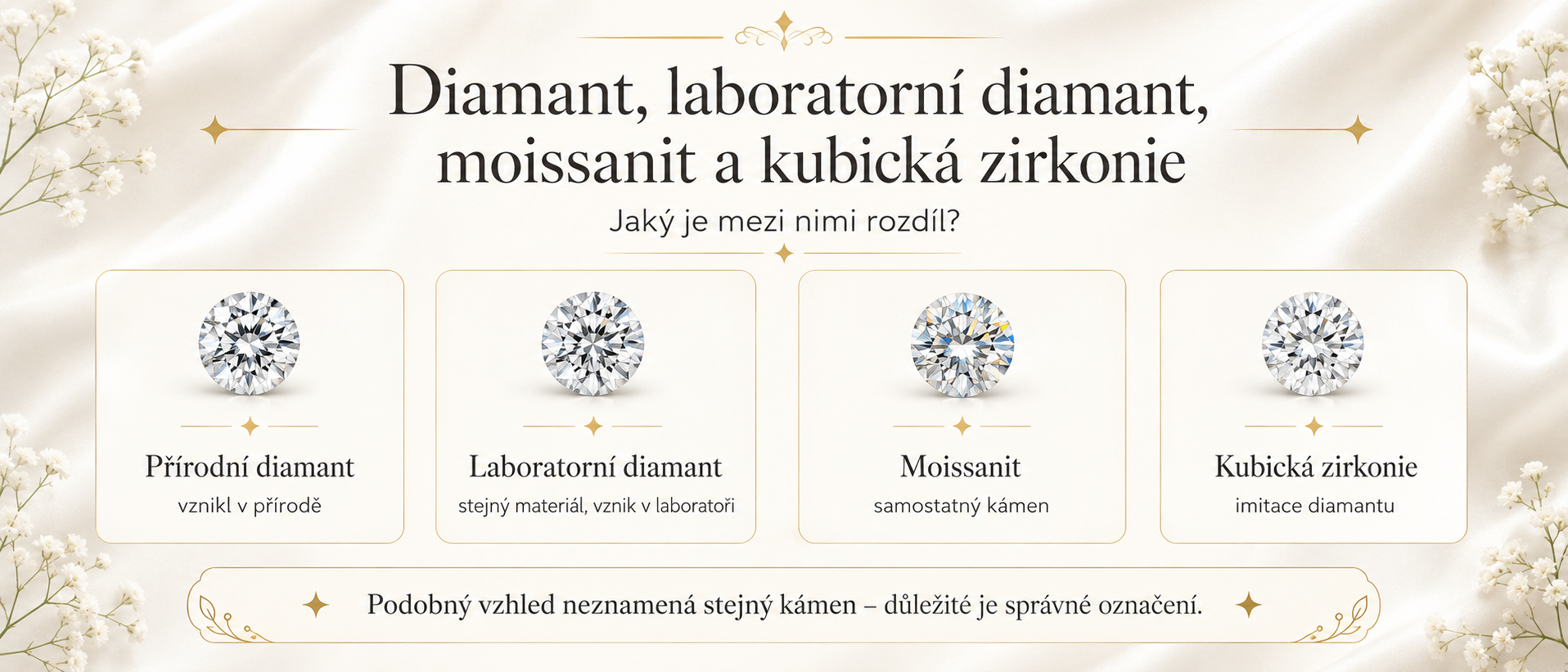 Infografika porovnávající přírodní diamant, laboratorní diamant, moissanit a kubickou zirkonii
