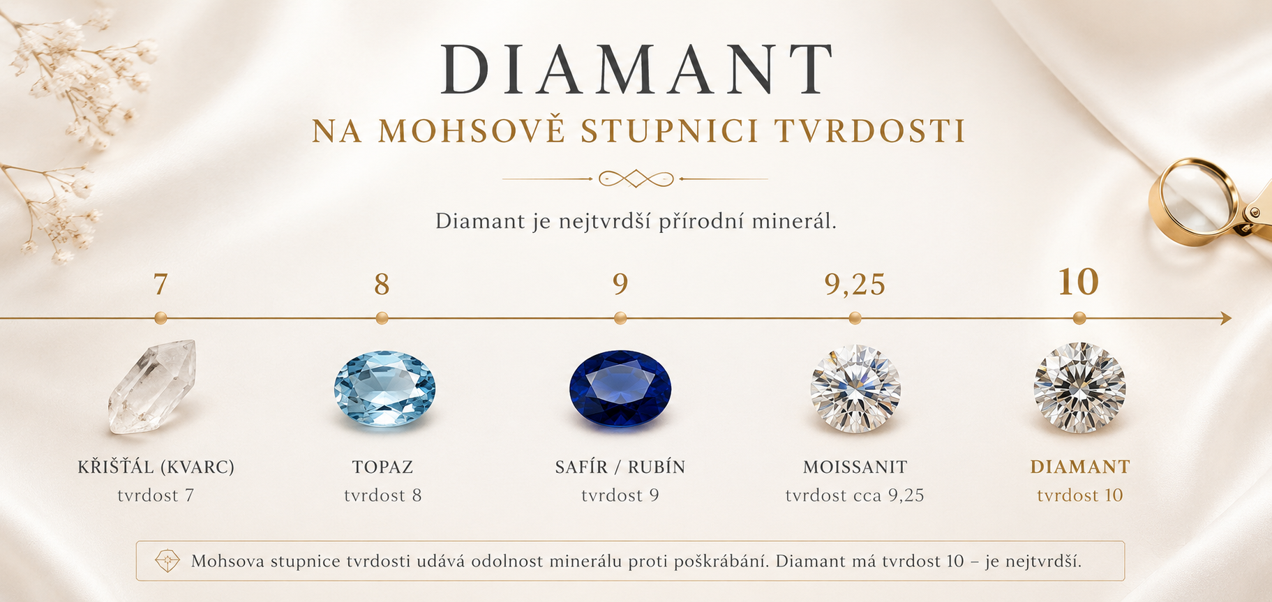 Infografika ukazující diamant na Mohsově stupnici tvrdosti ve srovnání s topazem, safírem, rubínem a moissanitem