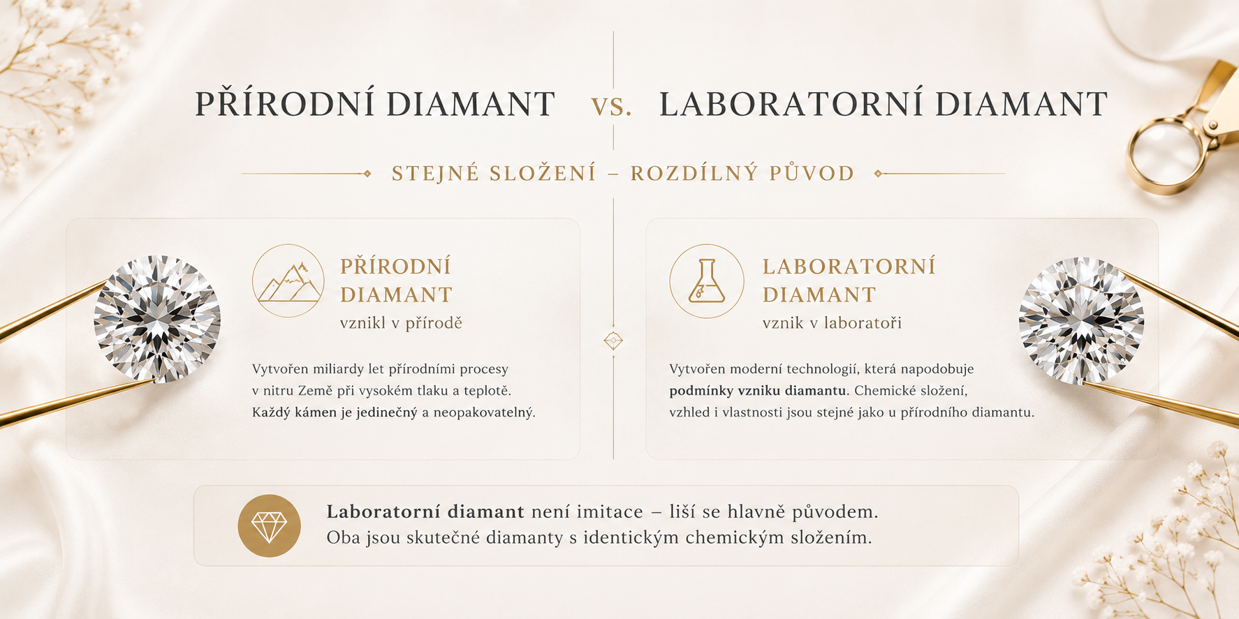 Přírodní diamant a laboratorní diamant na světlém saténu se srovnáním původu a složení