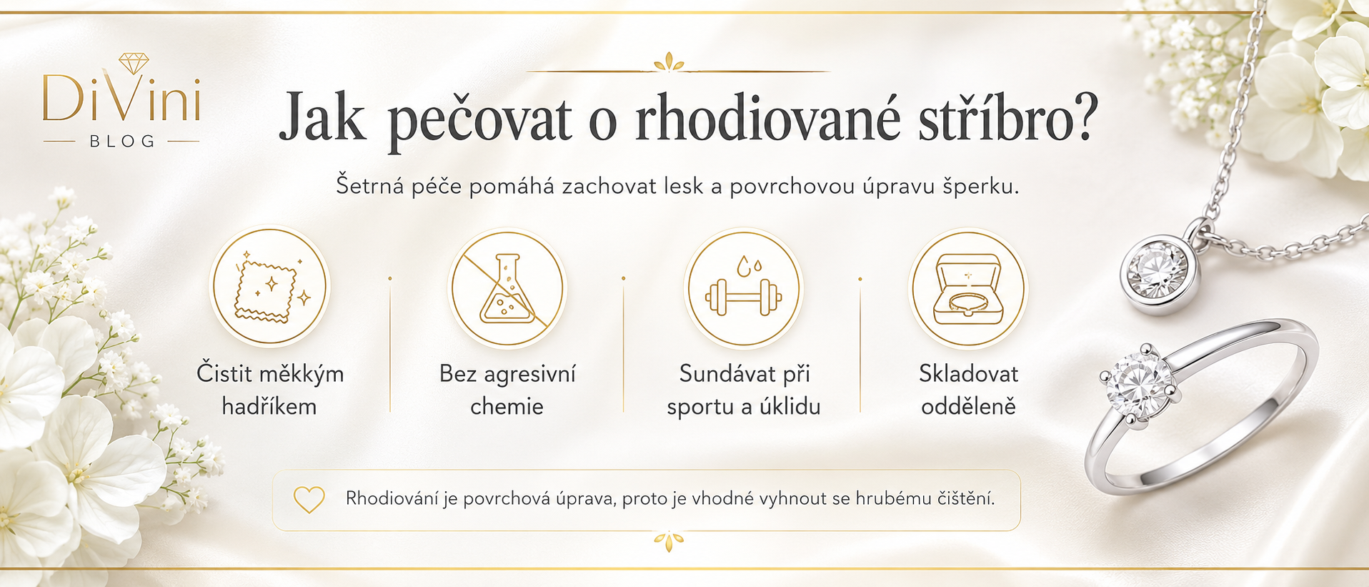 Péče o rhodiované stříbro 925 s tipy na šetrné čištění, skladování a ochranu povrchové úpravy