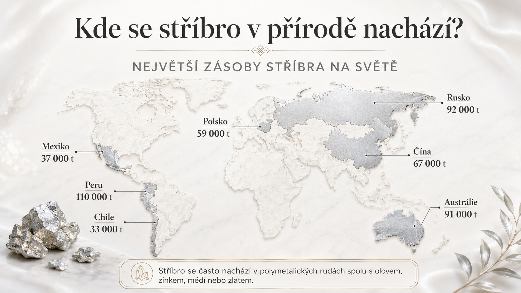 Mapa světa s největšími nalezišti stříbra v Peru, Austrálii, Rusku, Číně, Polsku a Mexiku