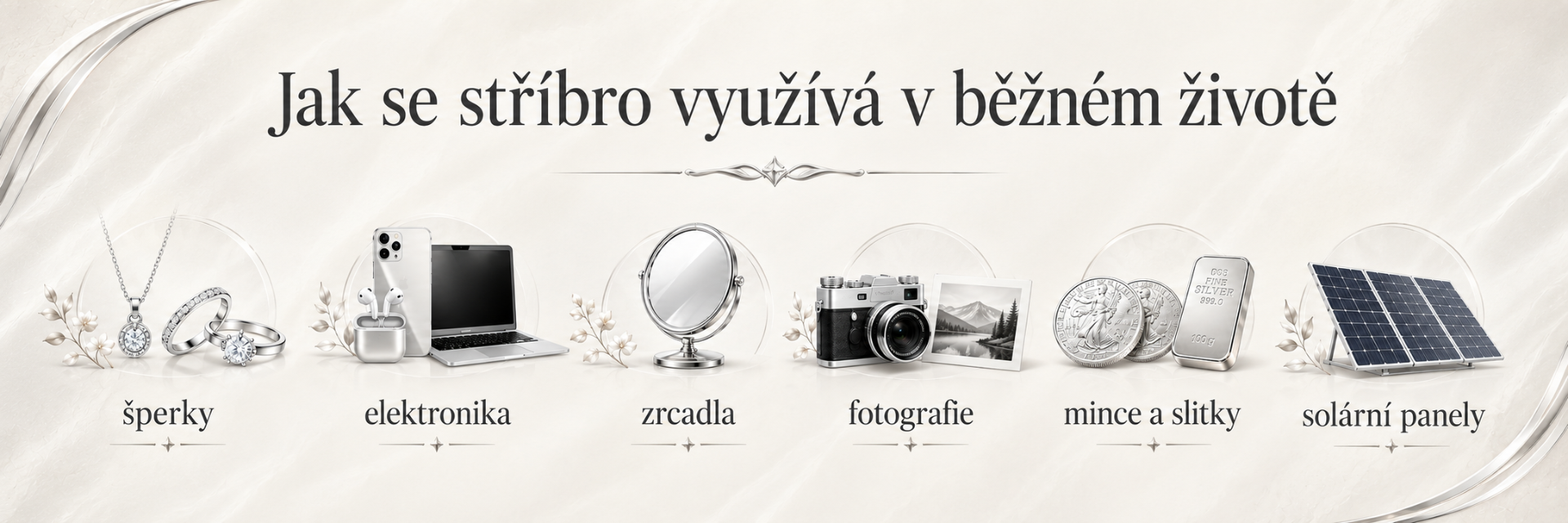 Využití stříbra v běžném životě ve špercích, elektronice, zrcadlech, fotografii, mincích a solárních panelech