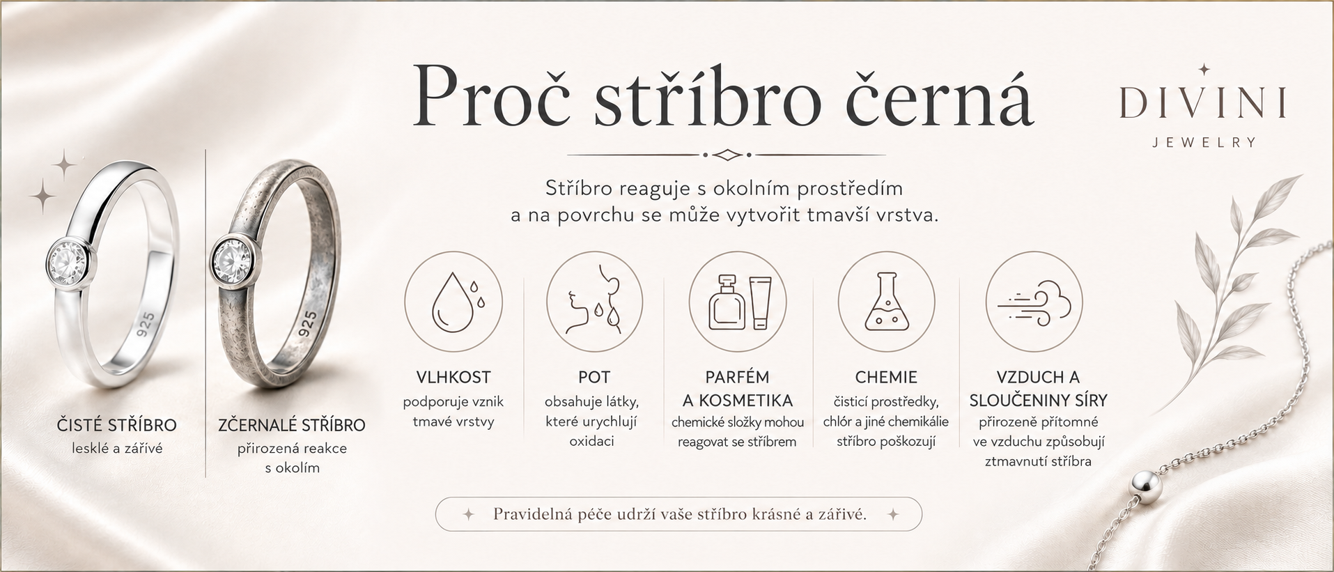 Příčiny černání stříbra se srovnáním čistého a ztmavlého stříbrného prstenu a vlivem vlhkosti, potu, parfému a chemie