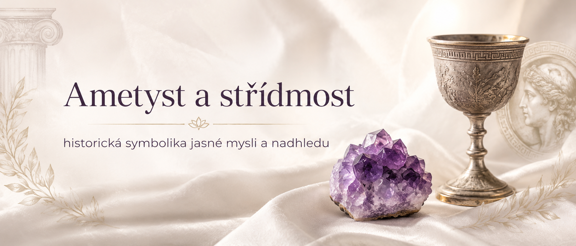 Ametyst a historická symbolika střídmosti s fialovým krystalem, antickým pohárem a jemným saténem