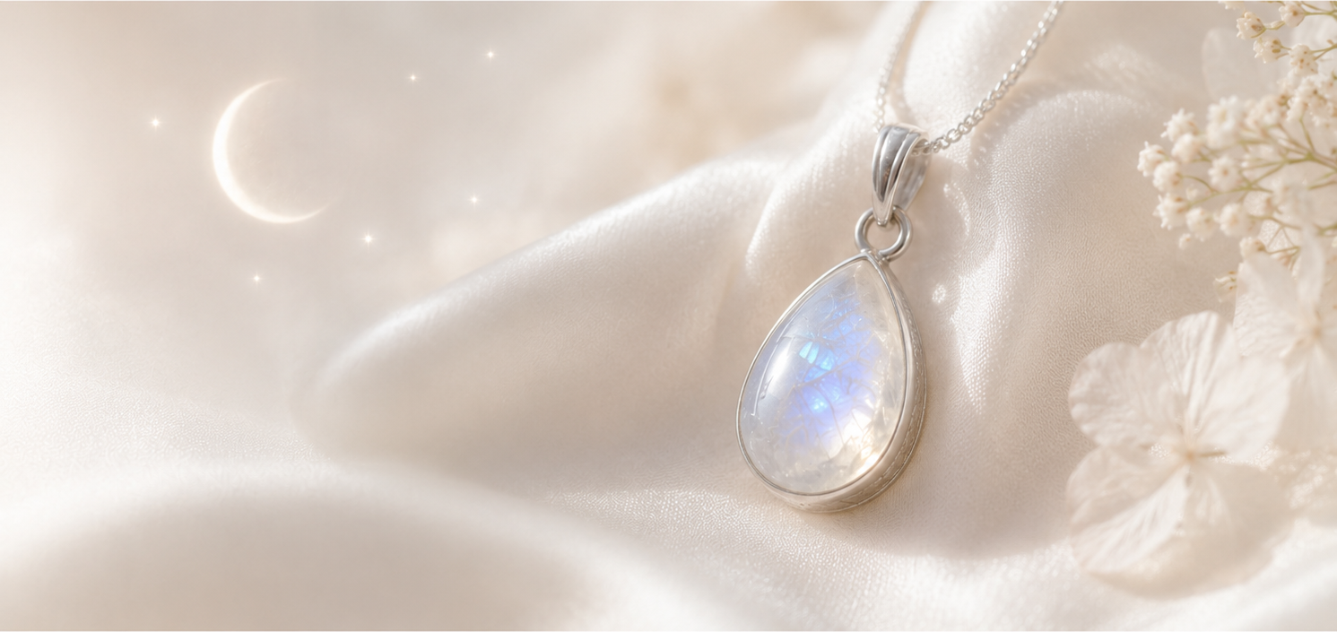 Měsíční kámen moonstone jako osobní talisman ve stříbrném přívěsku s jemnou měsíční atmosférou