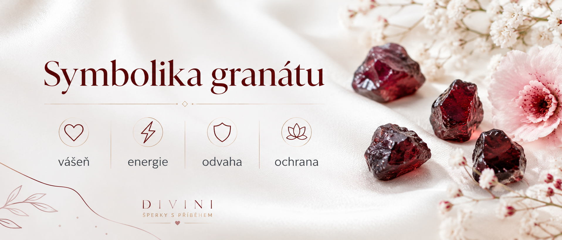 Symbolika granátu se surovými červenými kameny a významy vášeň, energie, odvaha a ochrana