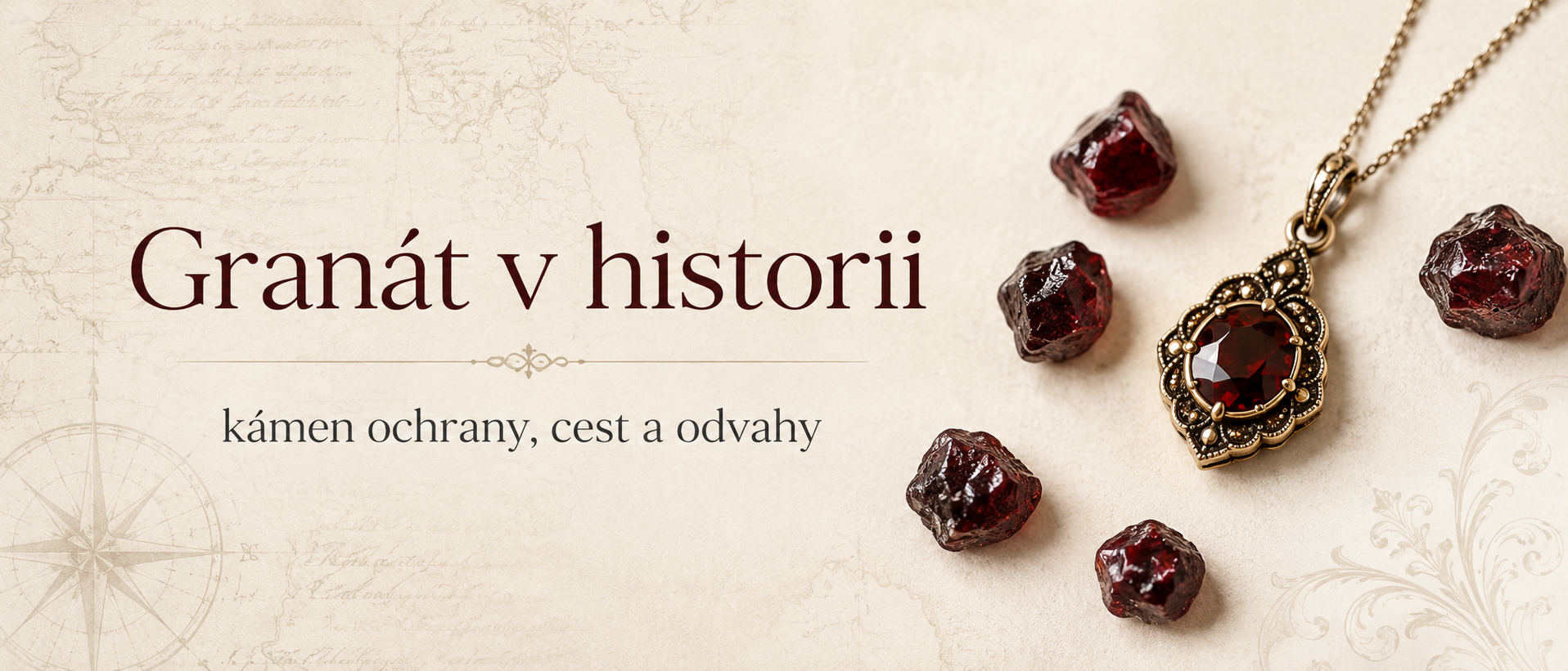 Granát v historii jako červený kámen ochrany, cest a odvahy se surovými kameny a historickým šperkem
