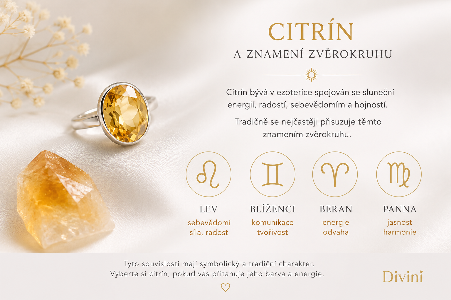 Citrín a znamení zvěrokruhu Lev, Blíženci, Beran a Panna se symbolikou radosti, sebevědomí, energie a jasnosti