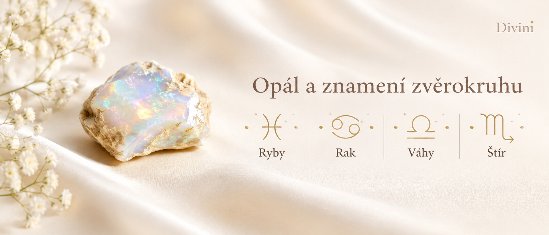 Opál a znamení zvěrokruhu Ryby, Rak, Váhy a Štír se surovým opálem na světlém saténu