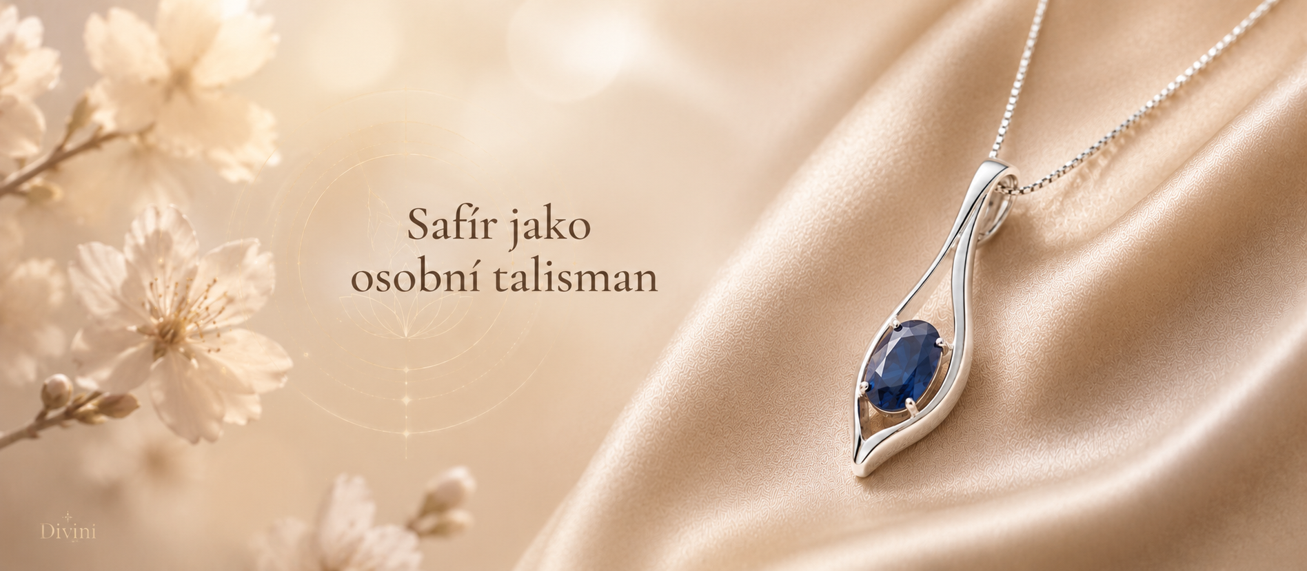 Safír jako osobní talisman ve stříbrném přívěsku se symbolikou moudrosti, věrnosti a vnitřního klidu