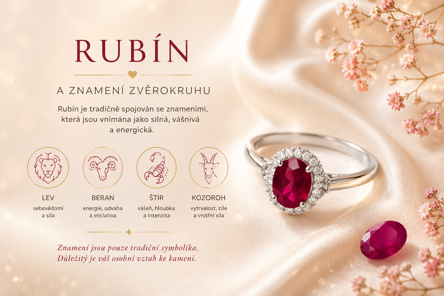 Rubín a znamení zvěrokruhu Lev, Beran, Štír a Kozoroh se symbolikou lásky, vášně, odvahy a vnitřní síly