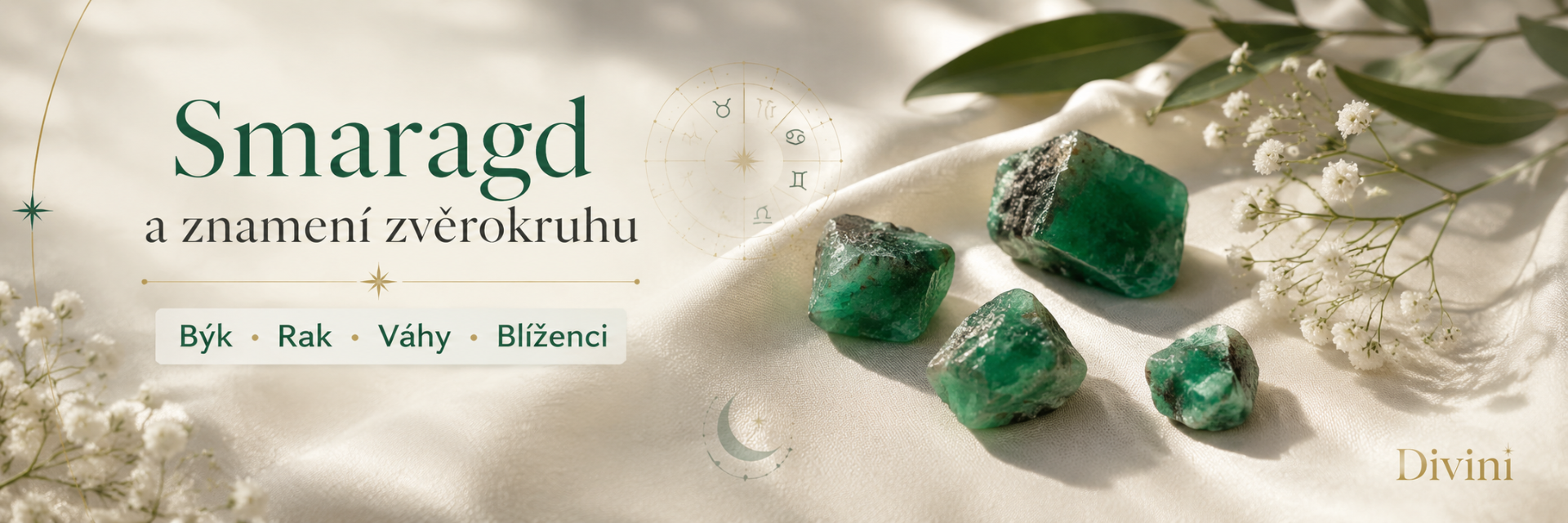 Smaragd a znamení zvěrokruhu Býk, Rak, Váhy a Blíženci se surovými zelenými kameny na světlém saténu