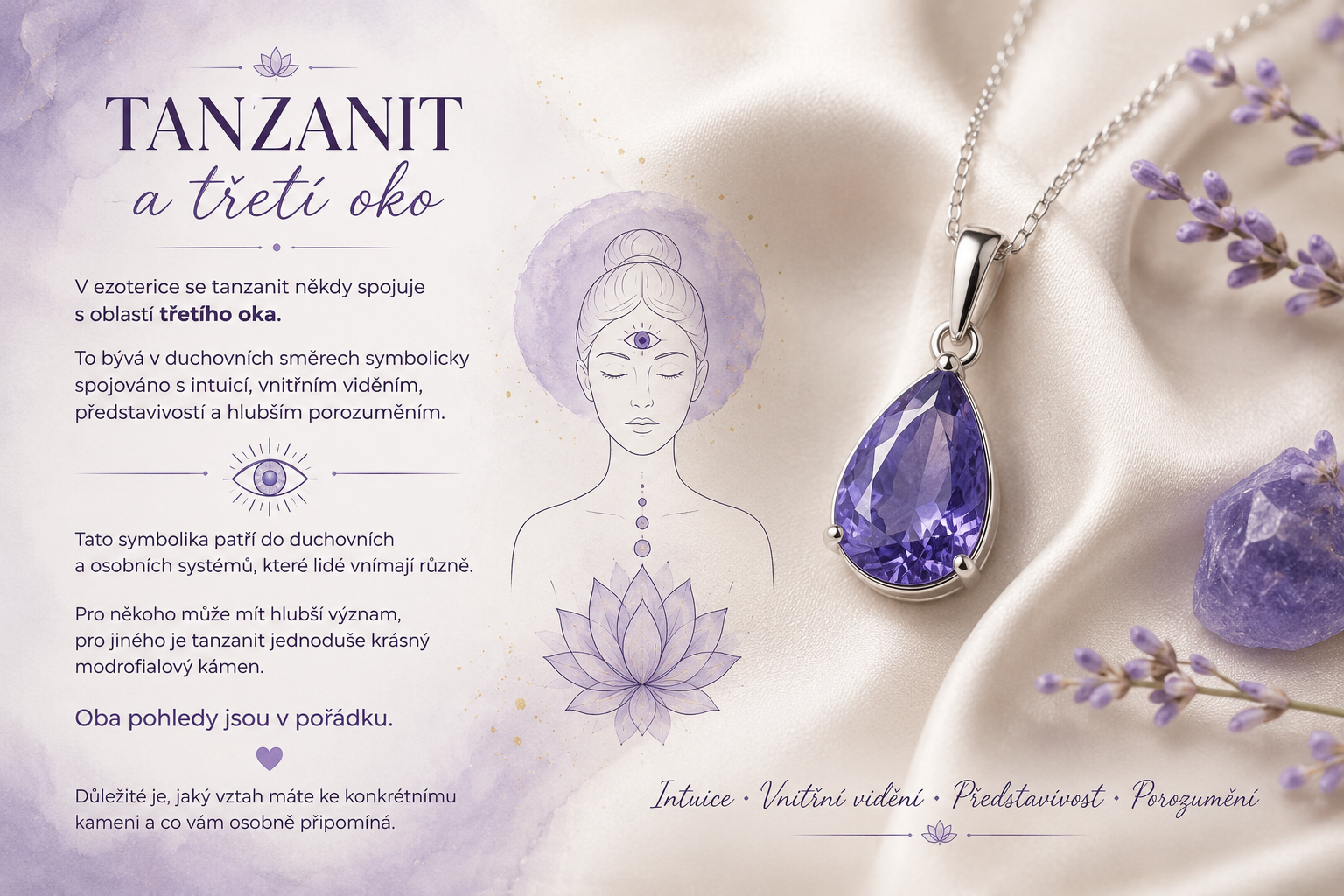 Tanzanit a třetí oko se symbolikou intuice, vnitřního vidění, představivosti a hlubšího porozumění