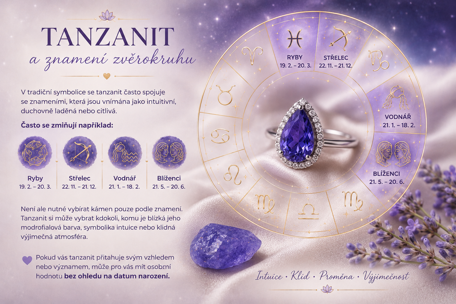 Tanzanit a znamení zvěrokruhu Ryby, Střelec, Vodnář a Blíženci se symbolikou intuice, klidu, proměny a výjimečnosti