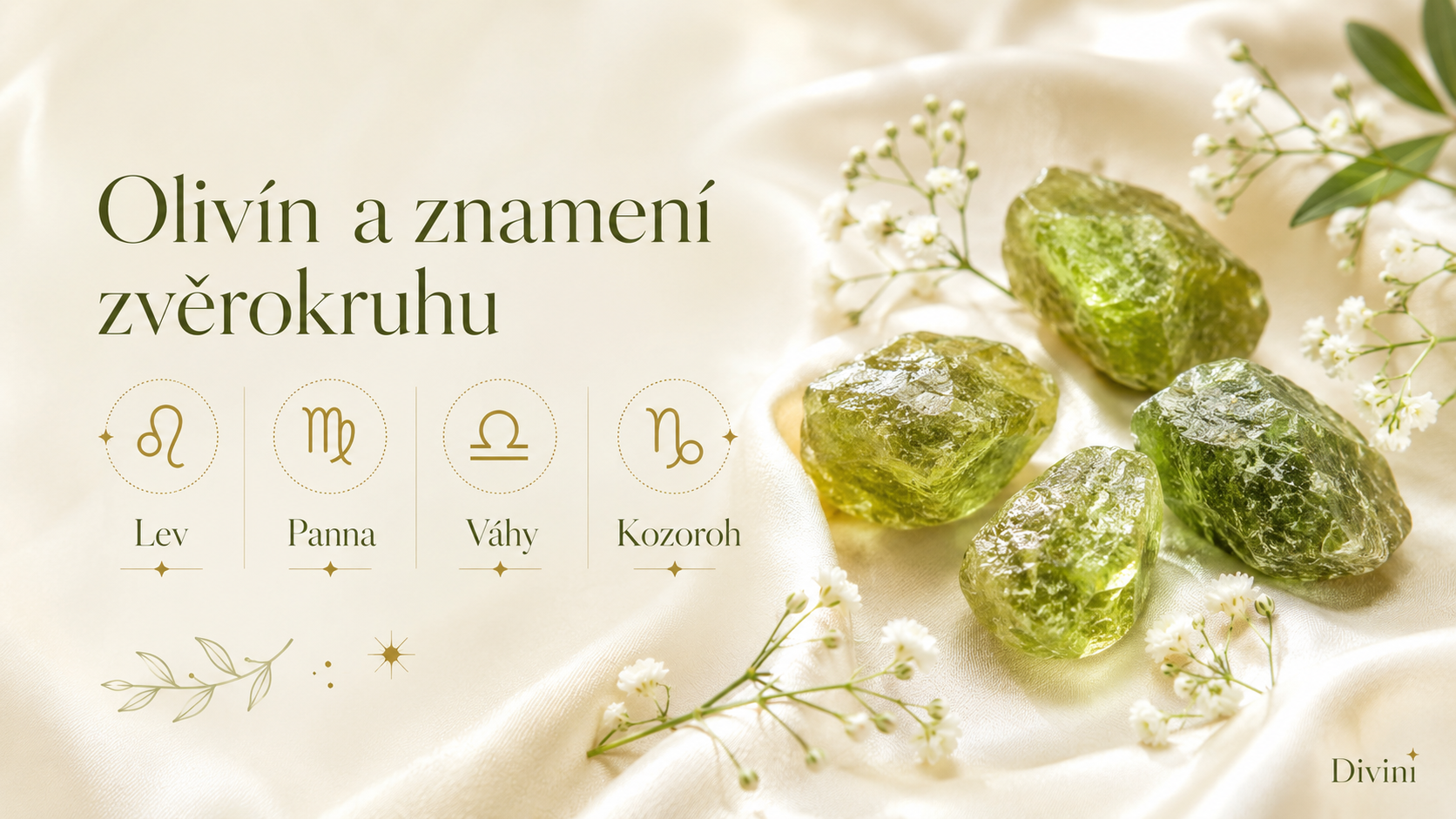Olivín a znamení zvěrokruhu Lev, Panna, Váhy a Kozoroh se surovými zelenými kameny na světlém saténu