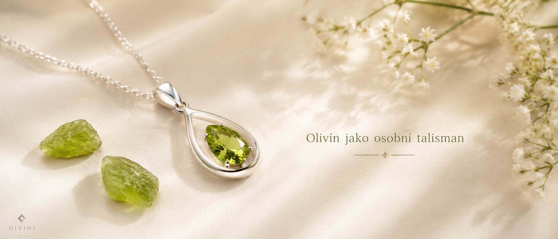Olivín jako osobní talisman ve stříbrném přívěsku se symbolikou svěžesti, optimismu, růstu a nové energie