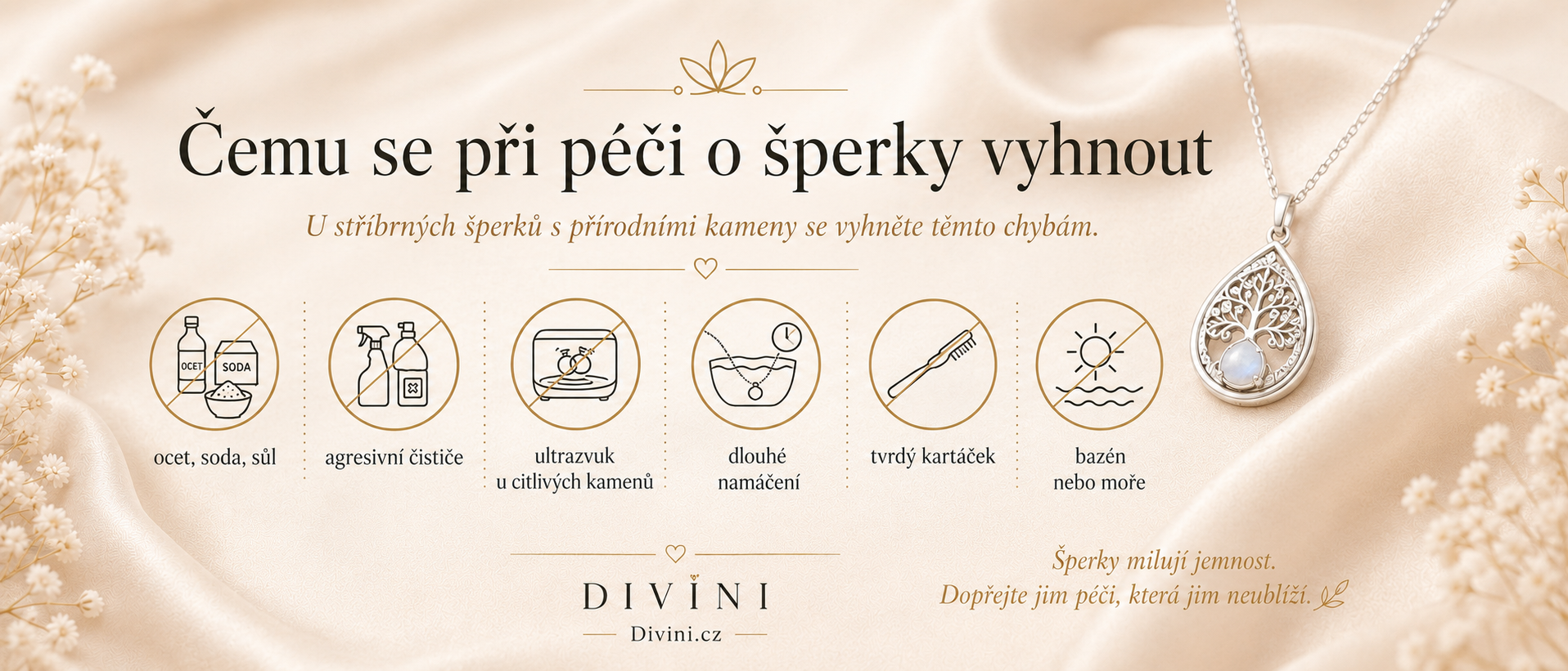 Čemu se při péči o stříbrné šperky s přírodními kameny vyhnout, například octu, sodě, agresivním čističům, ultrazvuku nebo dlouhému namáčení