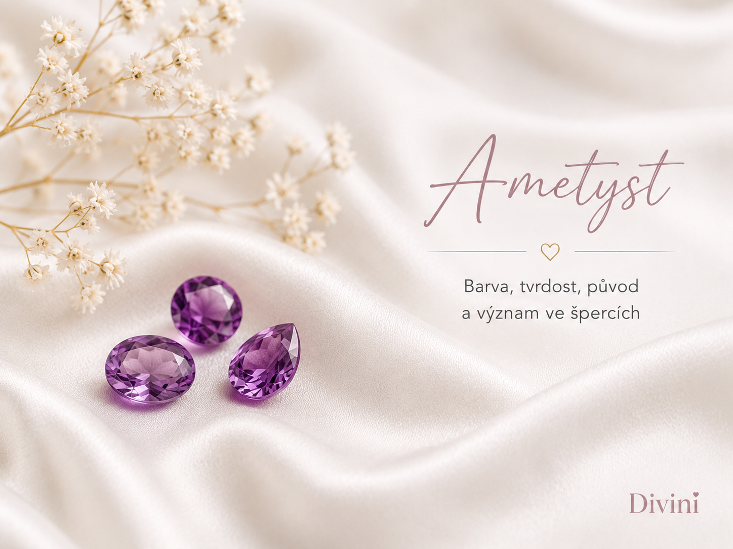 Ametyst jako fialový drahokam s typickými světle fialovými až sytě purpurovými odstíny