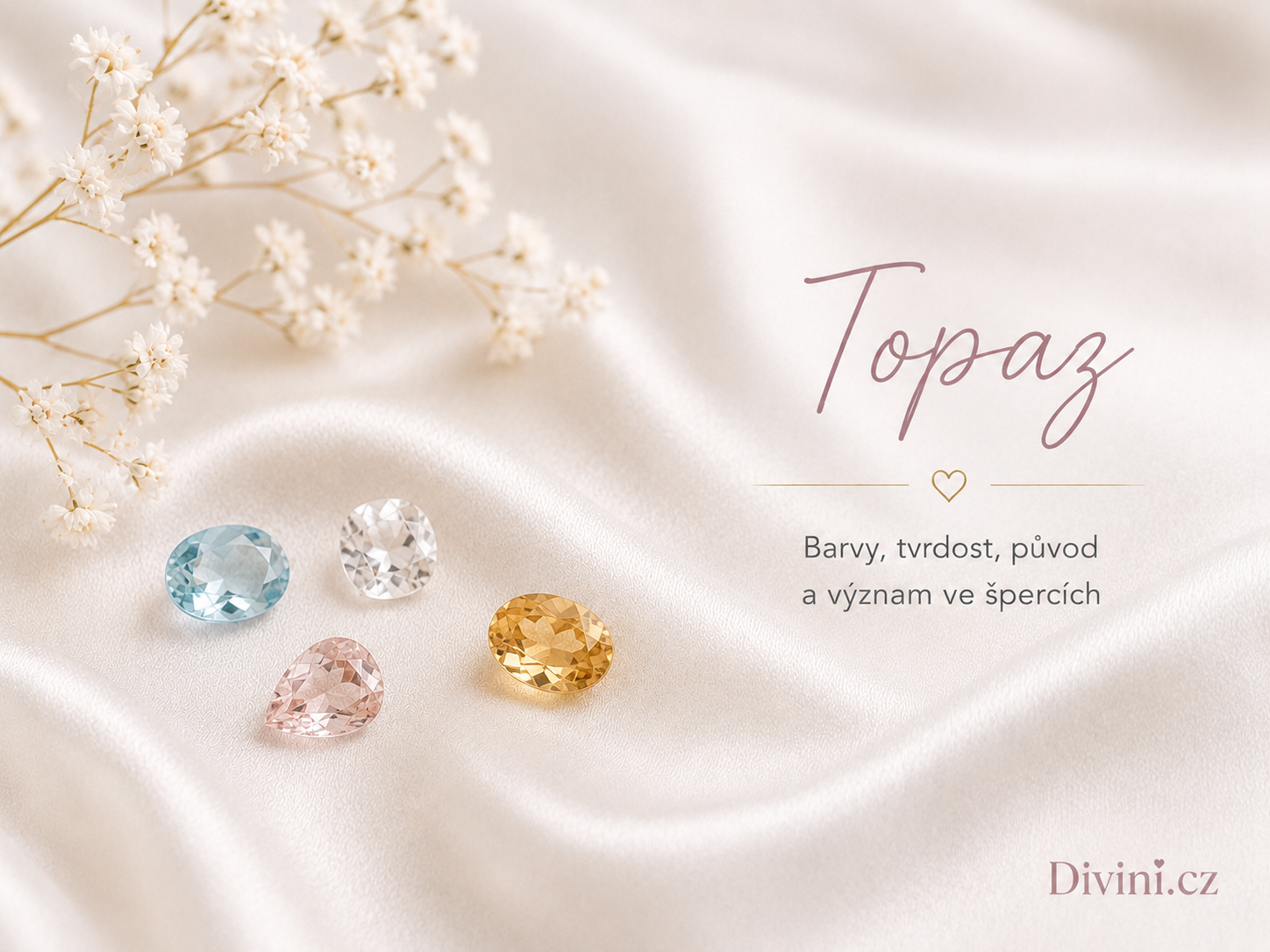 Topaz jako barevný drahokam v odstínech modré, čiré, růžové a žluté