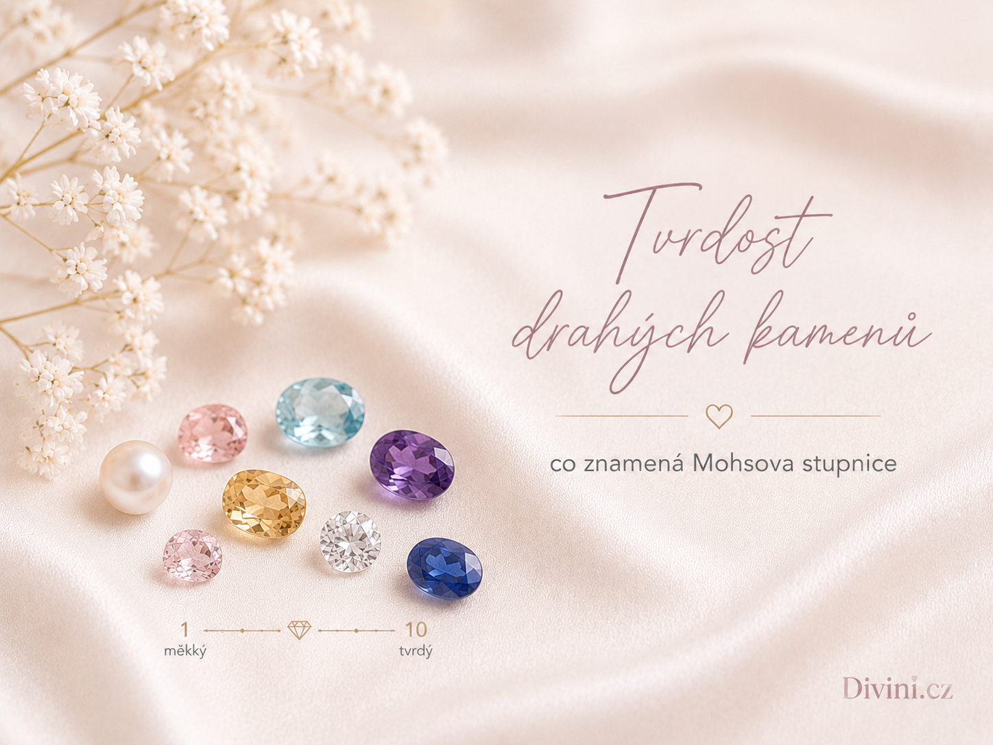 Mohsova stupnice tvrdosti drahých kamenů s ukázkou opálu, ametystu, topazu, safíru a diamantu