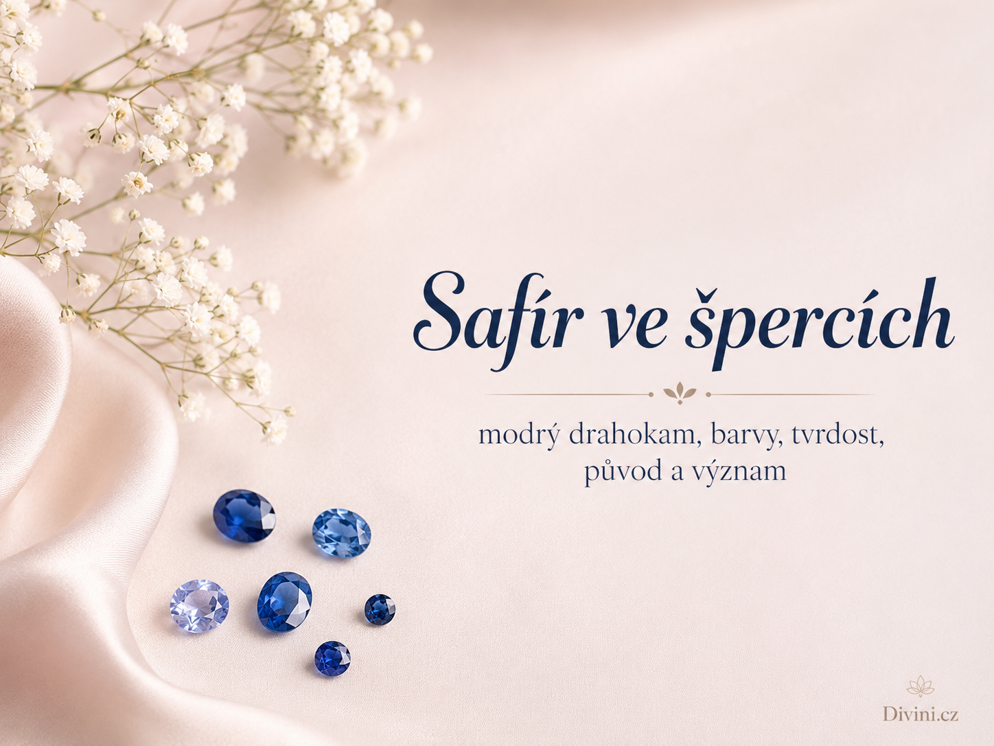 Safír jako přírodní drahokam v modrých a barevných odstínech pro článek o jeho barvě, tvrdosti, původu a využití ve špercích