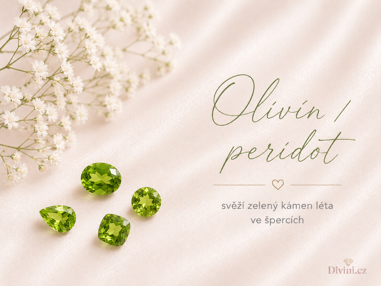 Přírodní olivín peridot – zelené drahokamy na jemném saténovém pozadí