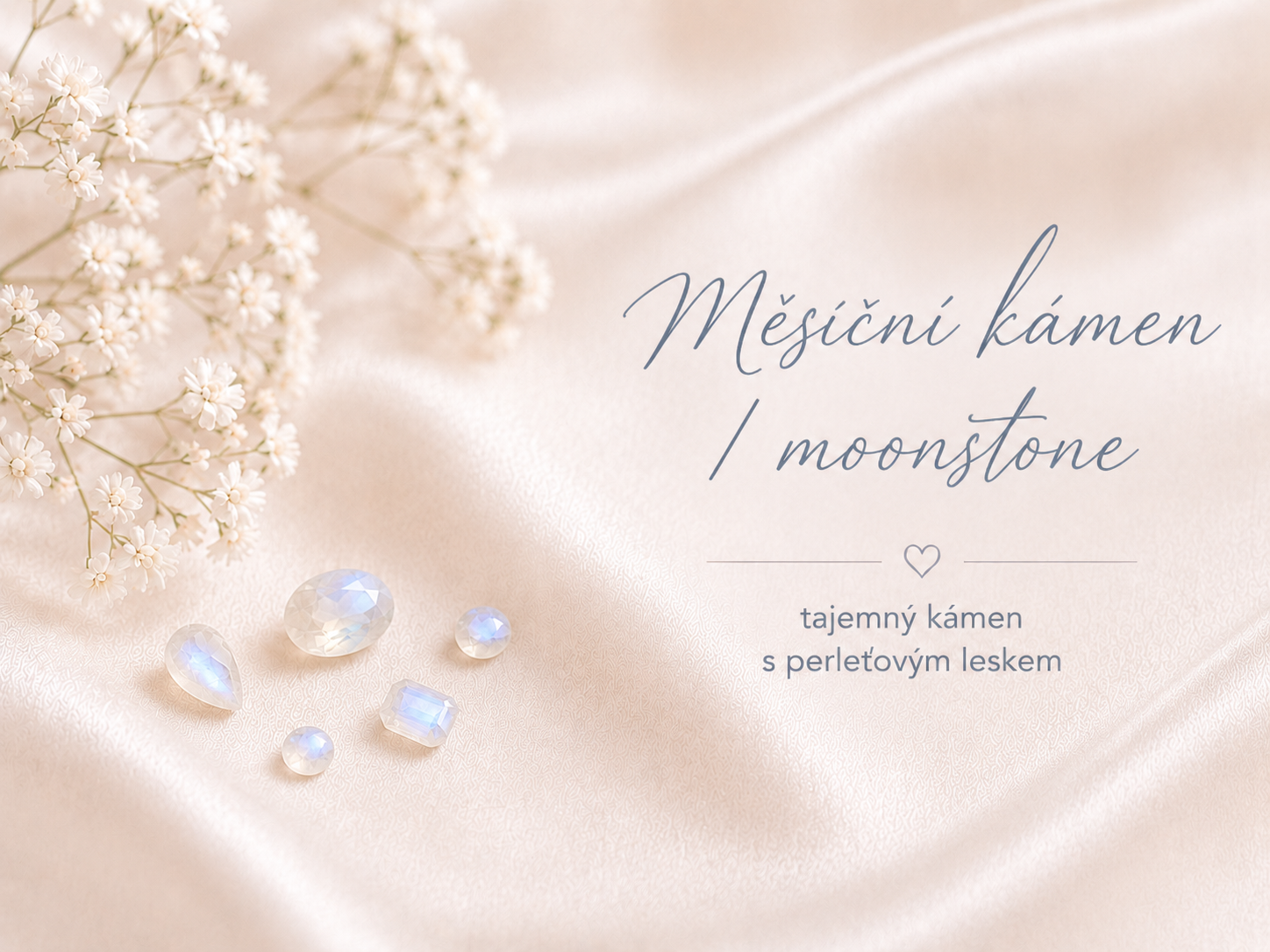 Měsíční kámen moonstone jako tajemný kámen s perleťovým leskem na jemném saténovém pozadí s bílými květy