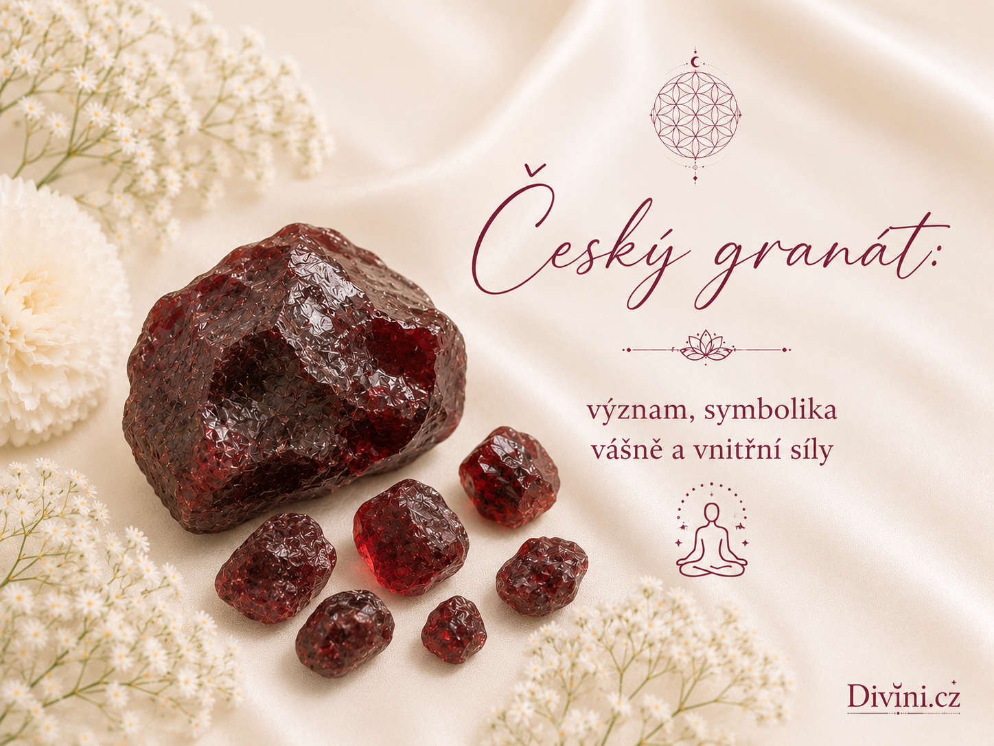Český granát – význam, symbolika energie, ochrany a vnitřní síly na jemném saténovém pozadí s červenými kameny a květinami.