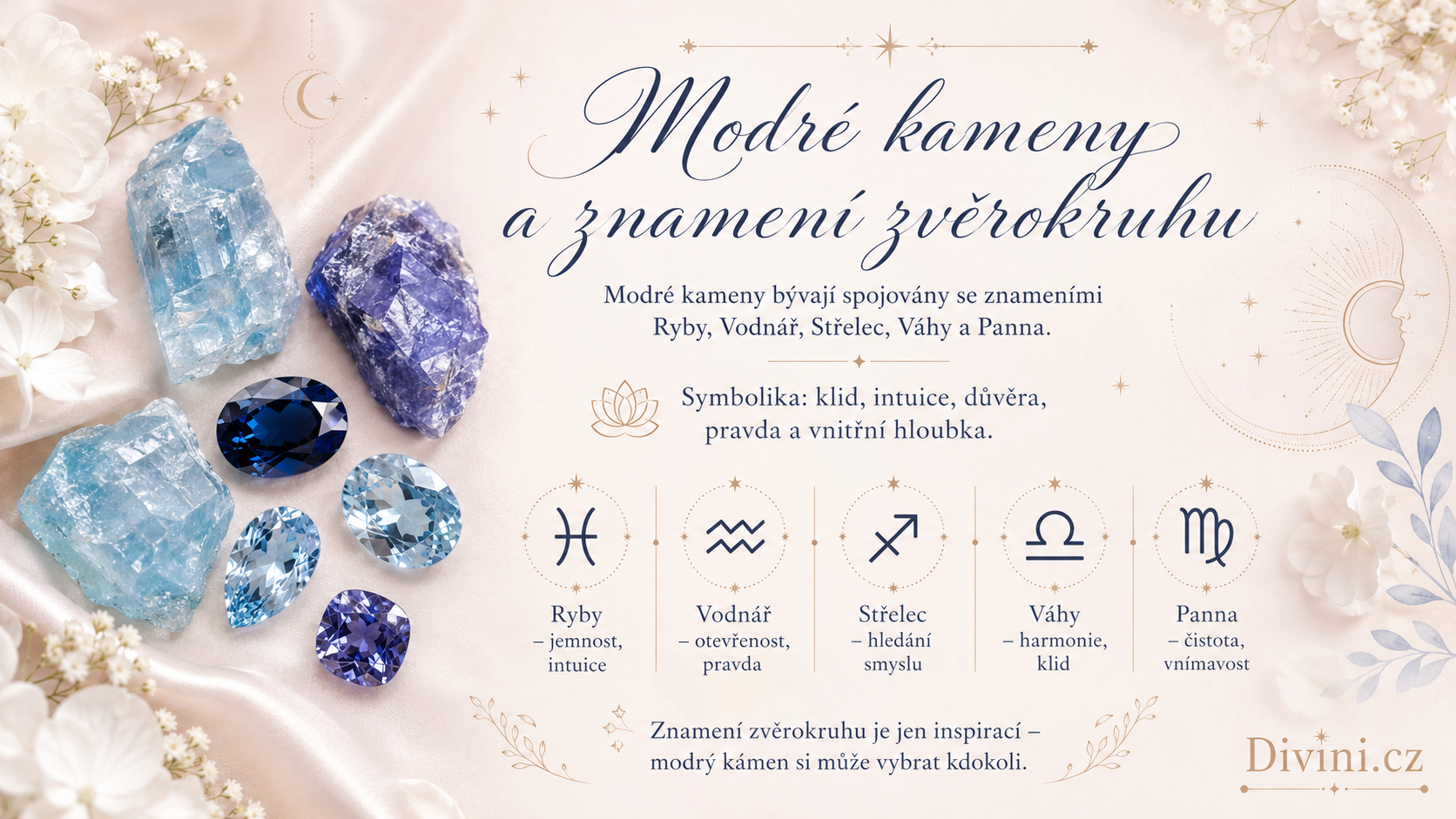 Modré kameny a znamení zvěrokruhu – symbolika pro Ryby, Vodnáře, Střelce, Váhy a Pannu