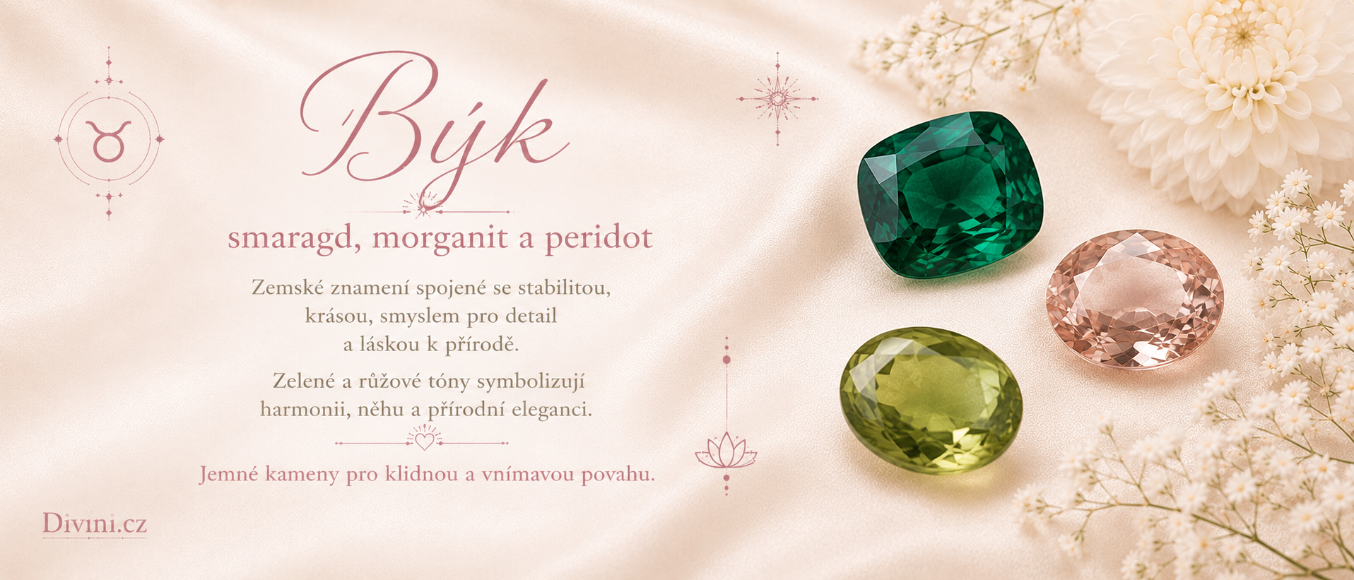 Býk a jeho kameny – smaragd, morganit a peridot