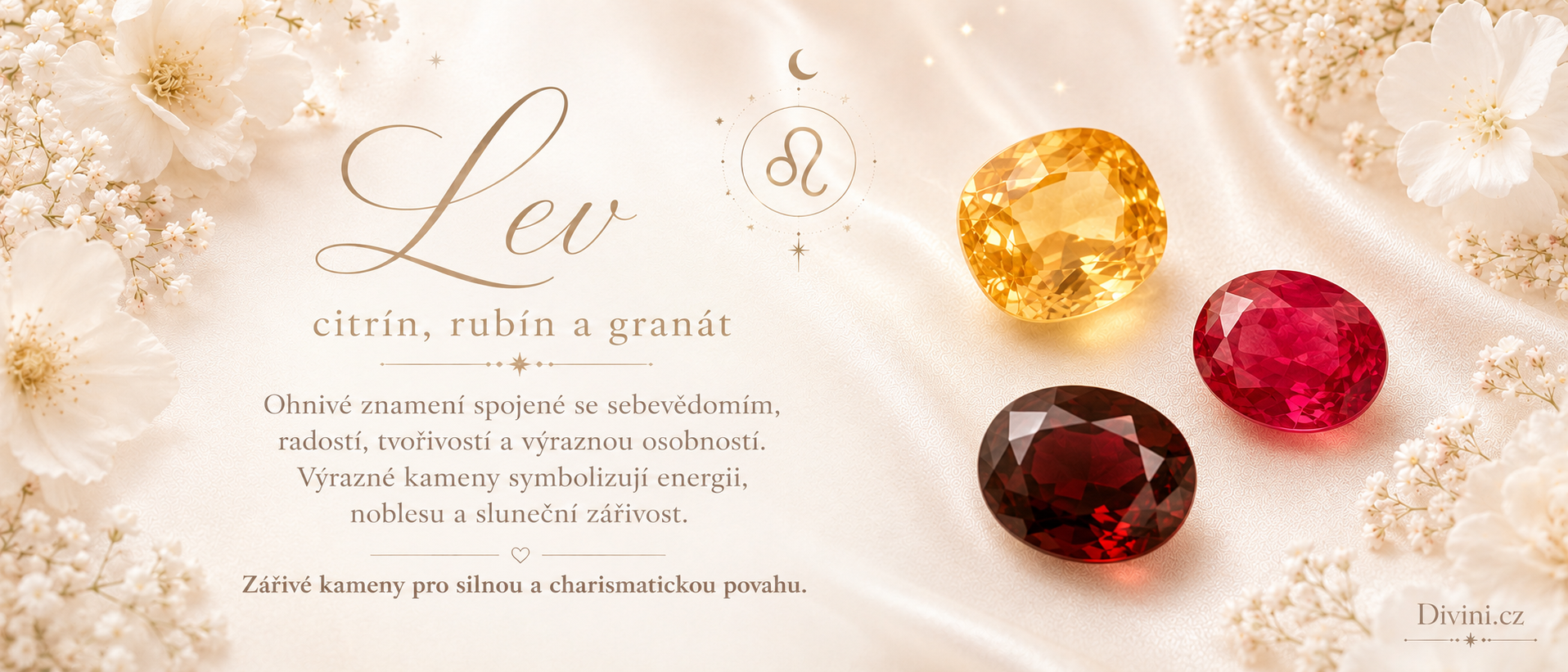 Lev a jeho kameny – citrín, rubín a granát