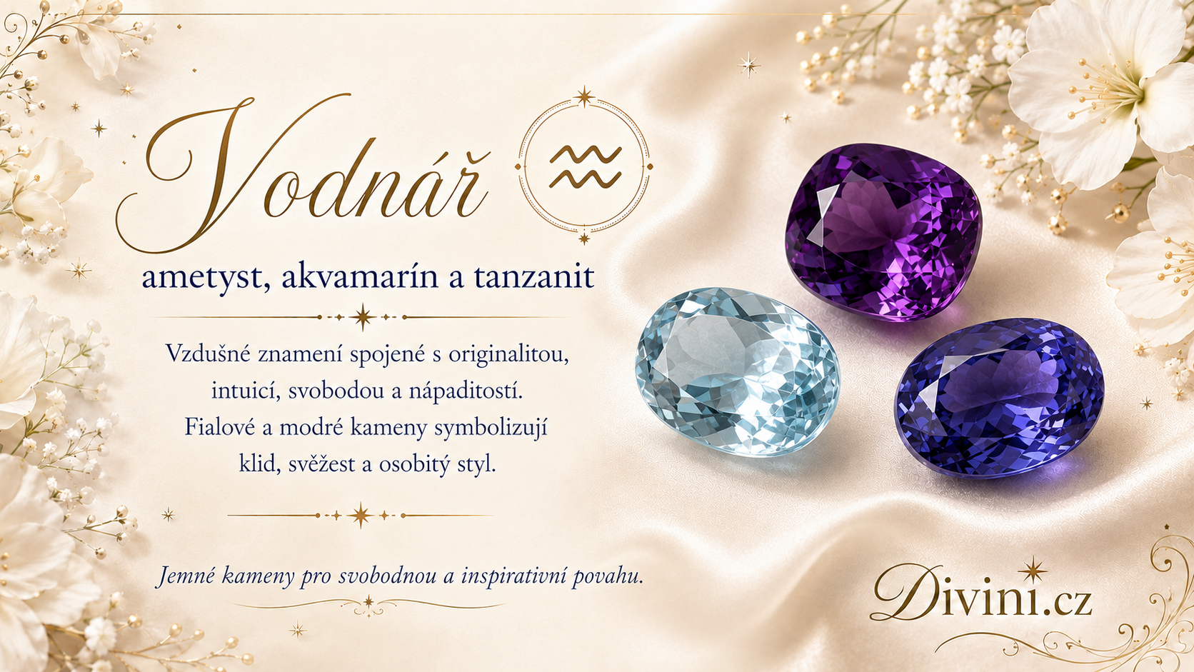 Vodnář a jeho kameny – ametyst, akvamarín a tanzanit