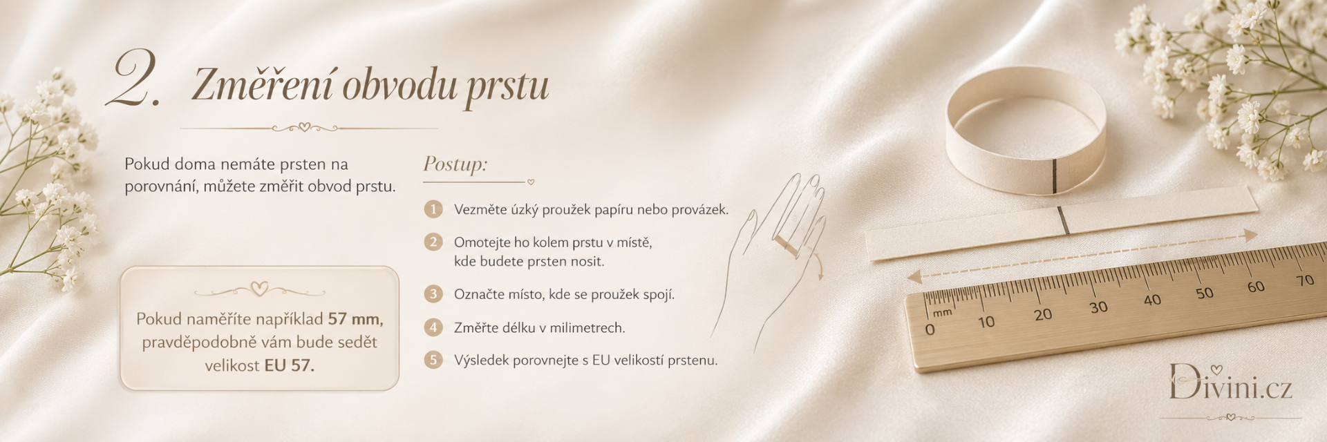 Měření obvodu prstu pro určení velikosti prstenu